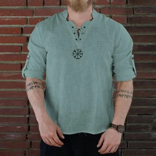 기사미  중세스타일  빈티지 긴팔티  바이킹패션 긴팔티  CB00407 Linen L/S 그린/베이지