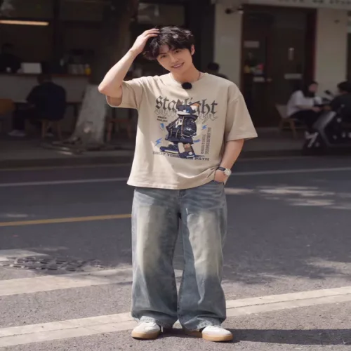 Gnarly box 반팔 티셔츠 순면 카키 라운드넥 루즈핏 여름 사계절 상의