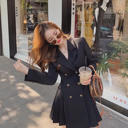 JLVJ 여성 더블버튼 수트 원피스 가을 주름미니 드레스