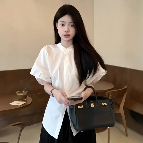 프렌치 스타일 화이트 퍼프 반소매 셔츠 여성용 여름 2026년 신상 디자인 허리 라인 강조 슬림핏 상의