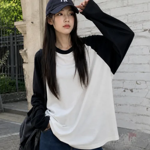 비엠에스 여성 루즈핏 나그랑 긴팔 티셔츠 무지 배색 데일리 캐주얼