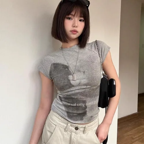 COSYEVNO  여성 여름 슬림핏 반팔 그래픽 티셔츠 캐주얼룩 Tzkdx-16