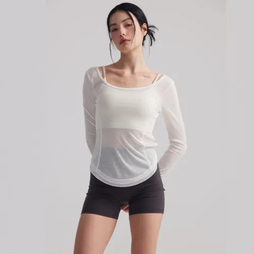 씨오브비 여성용 요가 필라테스 백 스트랩 밑단 라운딩 긴팔 티셔츠