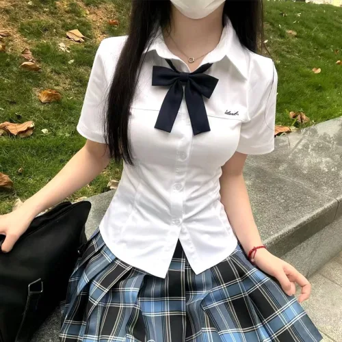 Yellwell여성 교복 스타일 반팔 셔츠 리본 블라우스LYT