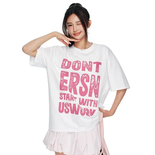ERSN 얼룩 레터링 티셔츠 디자인 감각 아메리칸 빈티지 캐주얼 루즈 오버사이즈 반팔