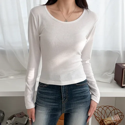 투데이앤룩 여성용 허리 잘록 슬리밍 라운드넥 이너 레이어드 긴팔 티셔츠