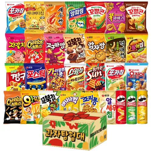 봉지과자 스낵 3O종 간식세트(죠리퐁+오감자+카라멜콘땅콩+오징어땅콩+짱구+새우깡+꼬깔콘+치토스+스윙칩+포카칩+꼬북칩+허니버터칩+감자깡+고구마깡+꿀꽈배기+먹태깡+바나나킥+프링글스), 1세트, 30종구성