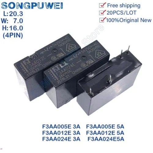 20 개/몫 F3AA 전원 릴레이 1 폼 A 1 극 5V 12V 24V DC 4PIN 5A 250VAC 30VDC F3AA012E F3AA005E F3AA024E