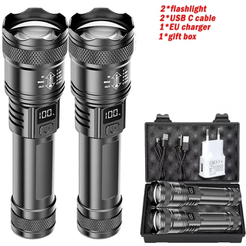 초강력 LED 손전등 2000LM 타입-C 충전식 장거리 줌 전술용 토치 야외 비상 캠핑 낚시 랜턴