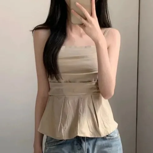 시크한 여름 스트랩 조끼 플리츠 슬리밍 스타일리쉬 쇼트 퓨어 디자이어 통근 스타일 루즈핏 코튼 블렌드