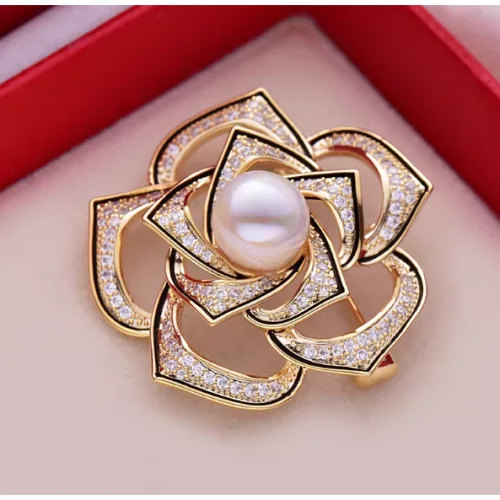Ramlove 산카멜리아 브로치 12mm 천연진주 랩그로운 다이아몬드 0.5캐럿 925은 14K도금 여성 브로치 kjt2027