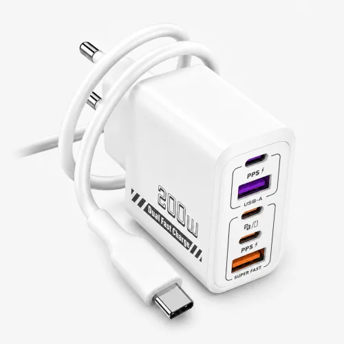 200W 5포트 2USB+3PD 초고속 멀티충전기 전원 어댑터 + C TO C 1M 100W 케이블 세트, 1세트, 흰색-White