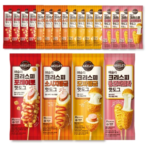 애슐리 크리스피 핫도그 4종 세트 16개입 (통모짜4+포테이토4+소시지탱글4+모짜탱글4) 간식 피시방, 1개, 1.28kg