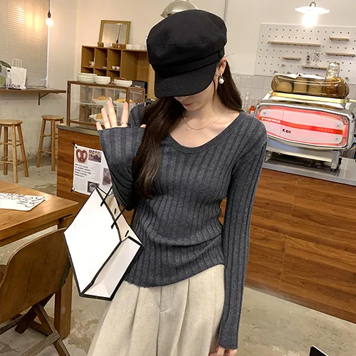 레몬소울 여성용 다가 브이넥 골지 니트티 07979