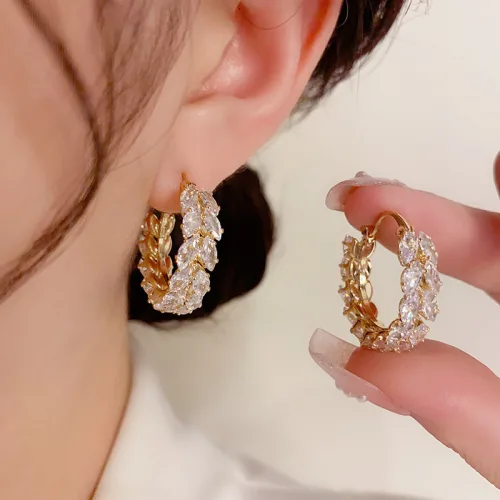 여성용 큐빅 밀 이삭 링 귀걸이 14K 금도금