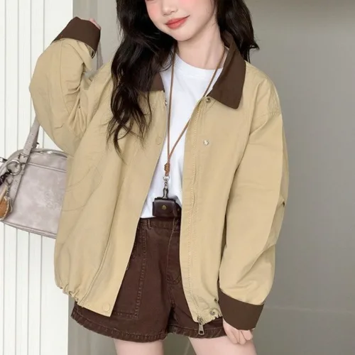 COSYEVNO 여아용 가을 아우터 빈티지 스타일 짧은 기장 워크웨어 재킷 (14세이상) ZMQntwt-9