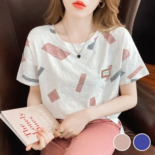 입체 꽃무늬 배색 사각 패턴 패션 루즈핏 반팔 티셔츠 new44848lW