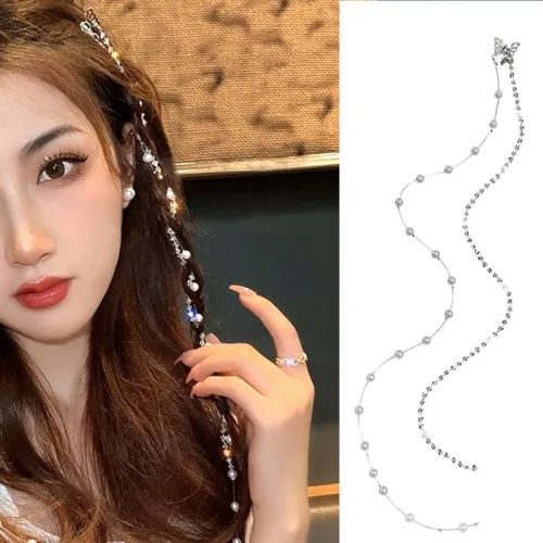 일호장신구 진주 나비 한 줄 체인 붙임 머리 헤어피스 포인트 옆 뒷 긴 머리 장식, 1개, 진주나비한줄체인붙임머리 비즈진주2개SET
