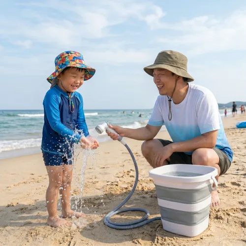 플라넥스 무선 전동식 샤워기 휴대용 접이식 물통 바구니 캠핑 버킷 대용량 12L, 1개, 무선폴딩 워터포켓+분사기
