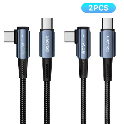 Essager PD 60W C to C타입 엘보 90도 L자형 고속충전 케이블 2개입, 블루, 2개, 2m
