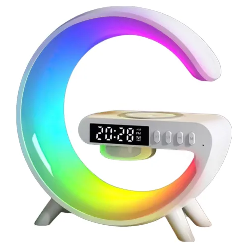 4in1 고속무선충전 LED 무드등 시계 블루투스 스피커, 화이트, BZ-KW63