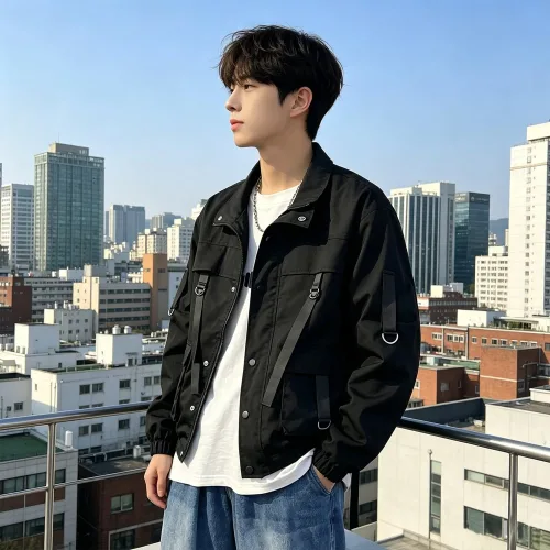남성용 블랙 테크웨어 자켓 오버핏 스트릿 캐주얼 아우터