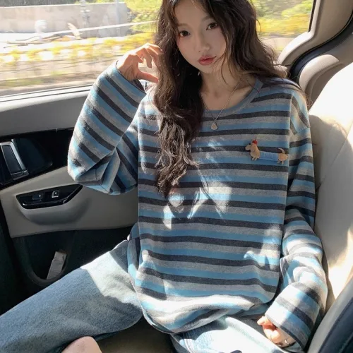SAHINER 여성 루즈핏 스트라이프 라운드넥 긴팔 티셔츠 봄 가을 캐주얼 AWY96
