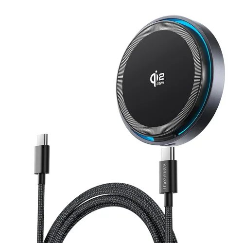 THREEKEY 맥세이프 무선 충전기 25W 초고속 충전기 호환 Qi2.2 마그네틱 무선충전기 휴대용 차량용충전기 슬림 디자인, 1개, 블랙