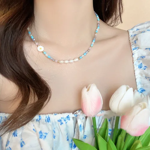 백송 데이지 꽃 팬던트 비즈 목걸이 팔찌 러블리 캐주얼 플라워 귀여운 포인트 주얼리