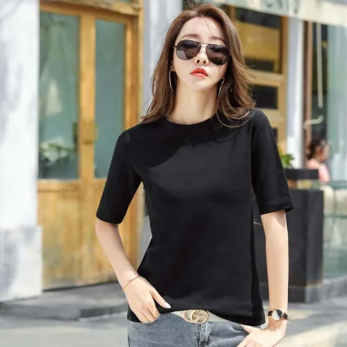 루미빈 여성 라운드넥 골지 5부 소매 티셔츠 슬림핏 스판 반팔티