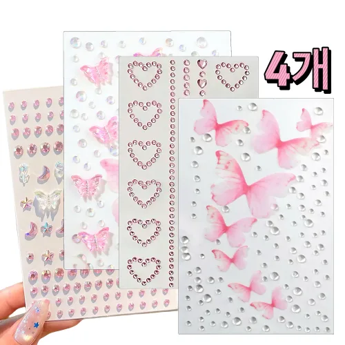 별라 페이스 큐빅 스티커 무대 공연용 얼굴 반짝이 나비 하트 별 달 원형 4종 세트, 4개, 핑크
