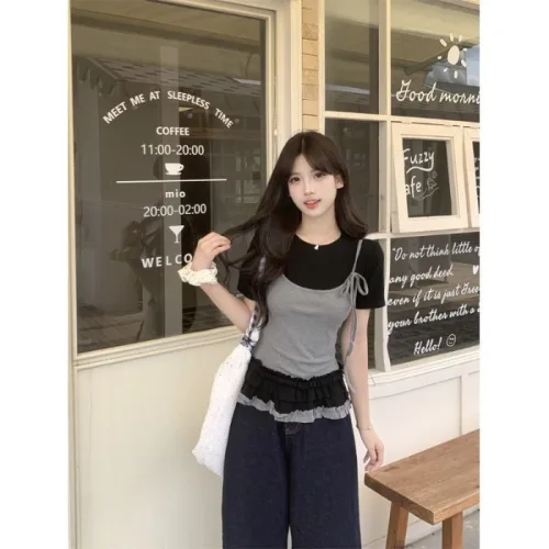 레이온 페이크 투피스 슬리브리스 반팔 티셔츠 여성용 여름 신상 슬림핏 디자인 티셔츠 스위트 앤 스파이시 상의 인스타 스타일