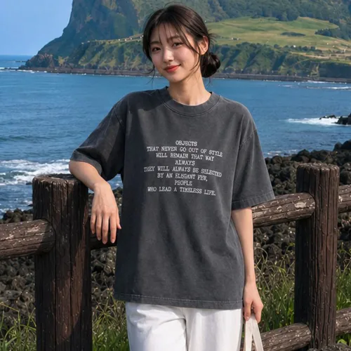남녀공용 빈티지 워싱 레터링 그래픽 오버핏 반팔 티셔츠
