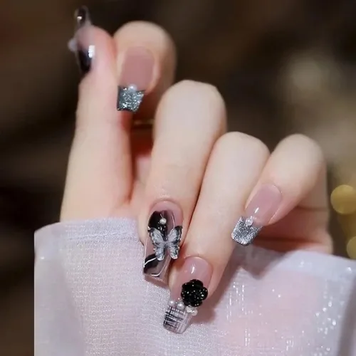 네일팁 롱 블랙 24개입 3D 리본 진주 지뢰계 양산형 붙이는 네일