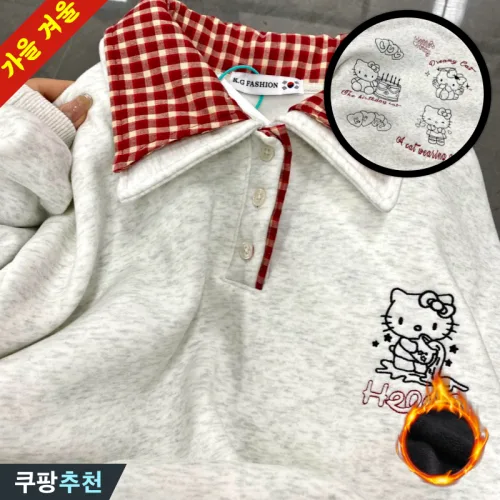 (완전 추천) 75kg까지 빅사이즈 여성 얇은 기모 빈티지 체크 페이크 투피스 패치워크 카라 맨투맨 긴팔티 가을 겨울 편한 플리스 시카고 캐주얼 단추 오픈카라 캐릭터 자수 맨투맨