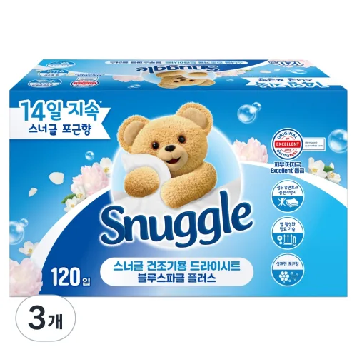 스너글 건조기용 드라이시트 블루스파클 플러스 상쾌한 포근향 본품, 120개입, 3개