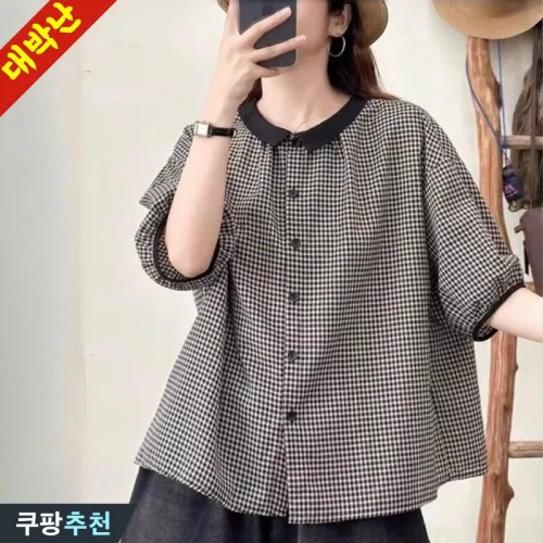 (26년 신상) 85kg까지 빅사이즈 여성 일본 면마 체크 반팔 블라우스 셔츠 여름 편한 빈티지 스위트 러블리한 패션 배색 단추 독특한 스타일 우아한 여성스러운 린넨 브라우스