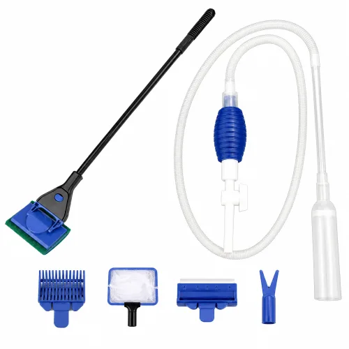 6in1 수족관 청소 키트 (사이폰 진공청소기, 조류제거기, 자갈갈퀴, 그물망, 스펀지 브러시 포함) - 물갈이 및 모래청소에 최적, 어항관리용 | 다기능 조류제거기 | 내구성 플, 1개