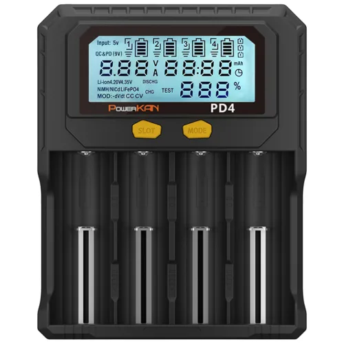 POWERKAN 스마트 만능 LCD 지능형 배터리 충전기 4구 리튬 니켈 PD4 건전지 배터리 고속충전 18650 AA AAA 21700 32650 용량확인 과충전방지 방전테스트, 1개