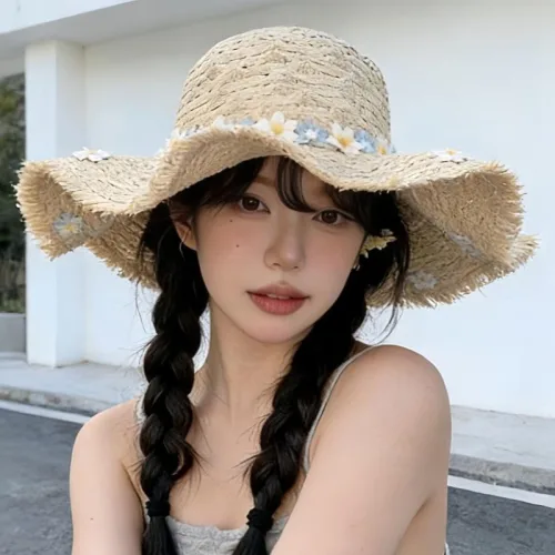 여름 대형 챙 라피아 플라워 햇빛 차단 여성 해변 모자