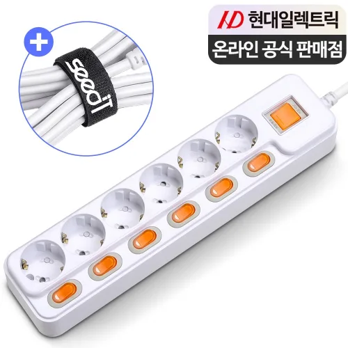 현대일렉트릭 6구 국산 과부하차단 개별스위치 멀티탭 2800W + 씨드잇 벨크로