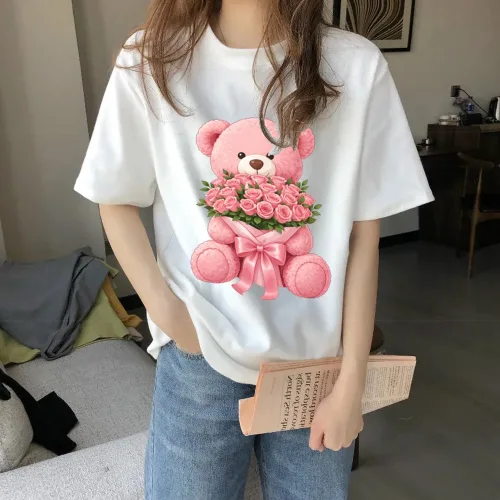 빅사이즈 핑크곰돌이 프린트 여성용 반팔 면티셔츠