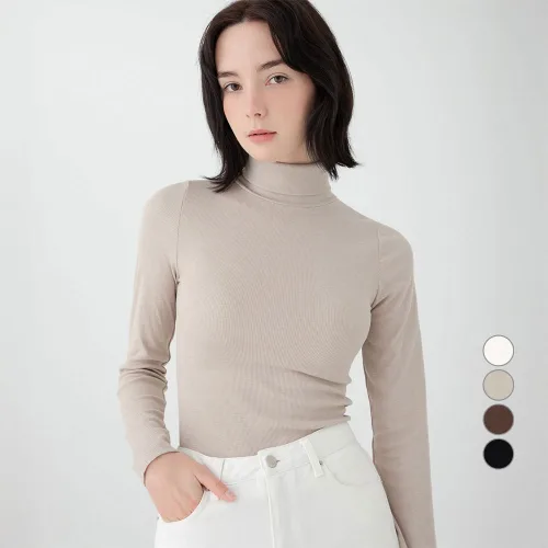 ELLE PARIS 여성용 데일리 긴팔 터틀넥 골지 티셔츠