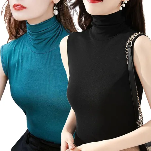 여자 얇은 사계절 반목티 여성 기본 민소매 목폴라 나시 티셔츠 여성용슬림 이너티 목폴라 민소매티 2종세트 뉴타임즈 03CW2701