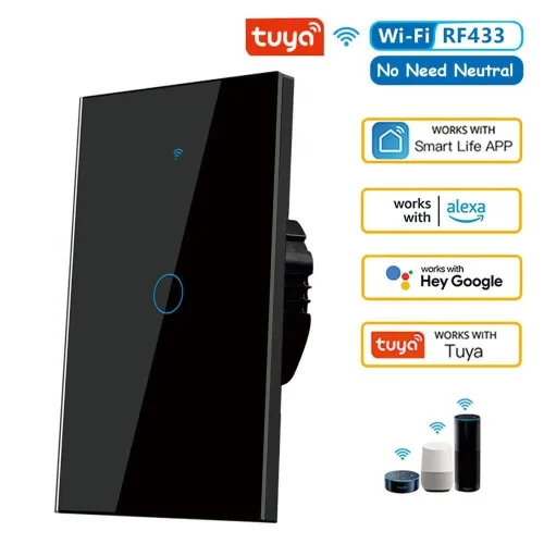 Tuya US WiFi 스마트 벽 스위치 RF433 1 2 3 4 Gang 중립 와이어 없음 터치 센서 LED 조명 홈 Alexa Google