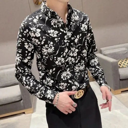 녕동 남성 프린트 긴팔 셔츠 슬림핏 비즈니스 꽃무늬 패션 캐주얼 봄가을 얇은 남방