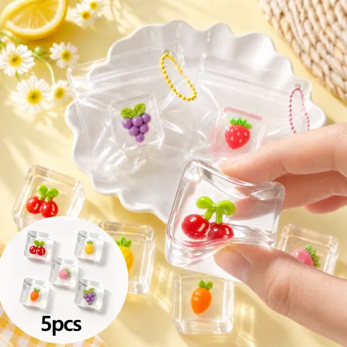얼음 모양 과일 말랑이 미니 스퀴시 투명 파우치 체인 포함 작은 선물용 감압 장난감, 5개, 10g, 컬러