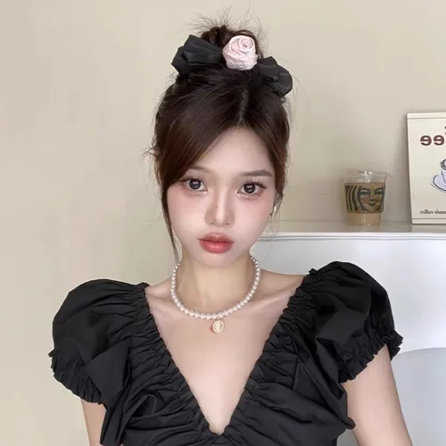 하이유니 트렌디 로즈플라워 리본 자동핀 헤어핀