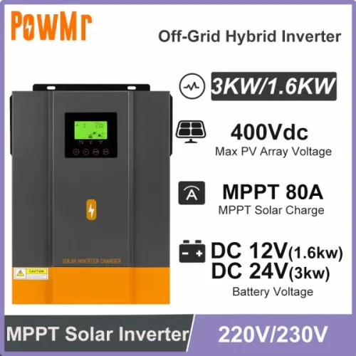 PowMr 1.6KW 3KW 하이브리드 태양광 인버터 12V 24V DC에서 230VAC 80A MPPT 태양광 충전 컨트롤러 순수 정