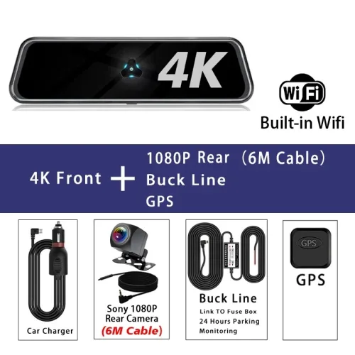 WiFi 차량용 블랙박스 듀얼렌즈 4K 2160P 10인치 IPS 터치 디스플레이